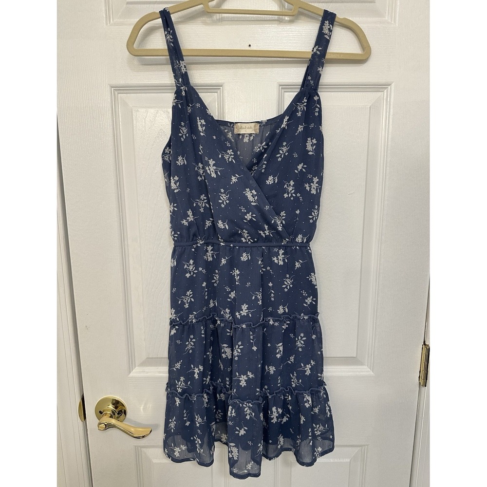 Altard State Blue Floral Mini Dress Surplice Ruffle Tiered Tie Back Large‎